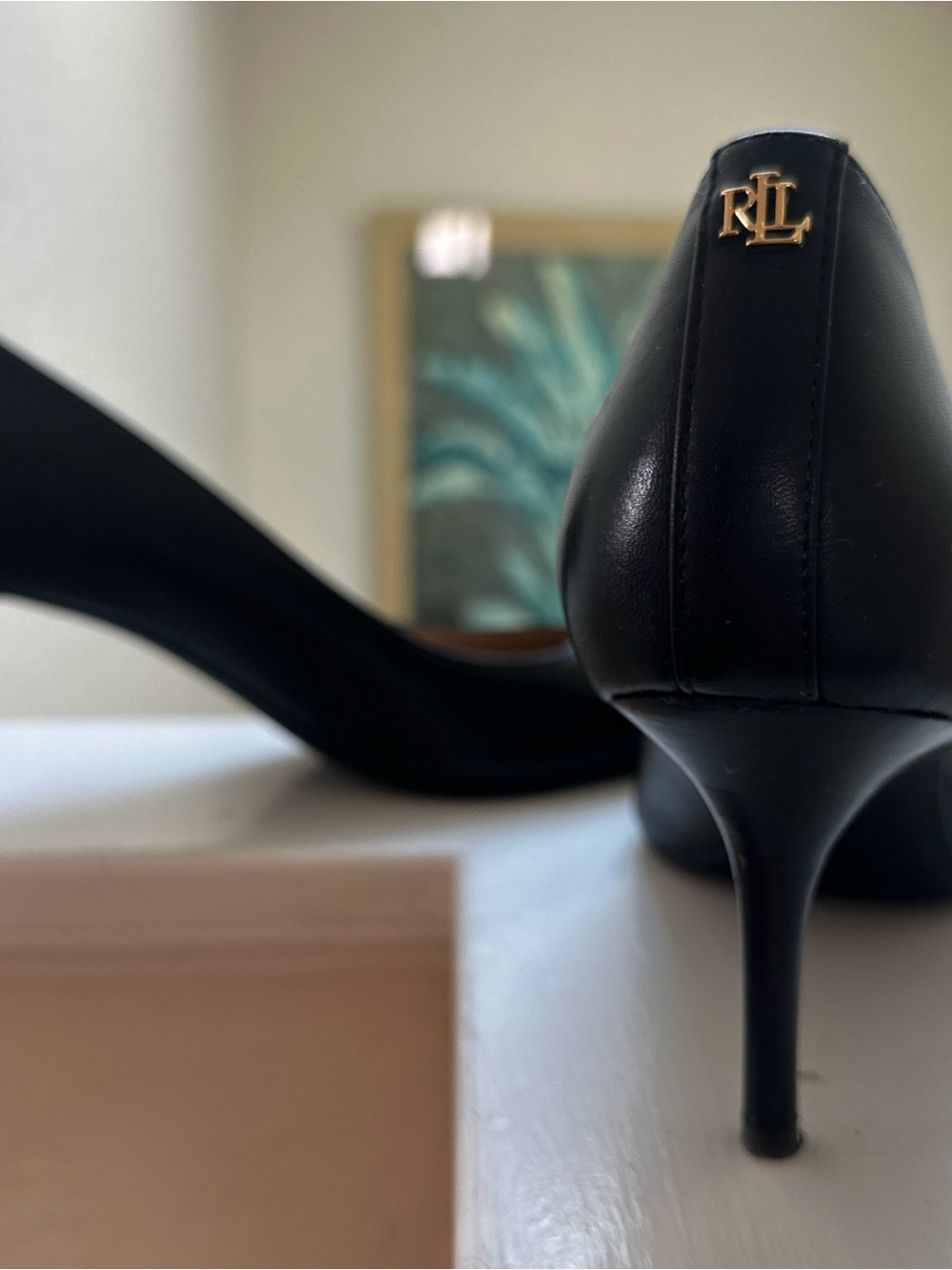 Ralph Lauren Black Leather Heel Pump with Gold RL Accent